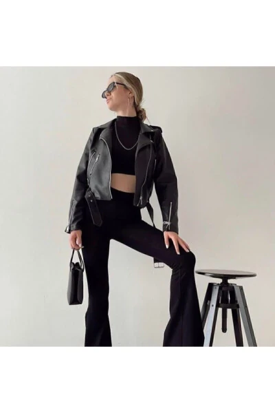 Women's Black Leather Jacket with Zipper Details - ALINTERYY