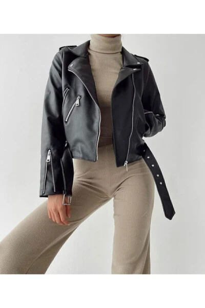 Women's Black Leather Jacket with Zipper Details - ALINTERYY (1)