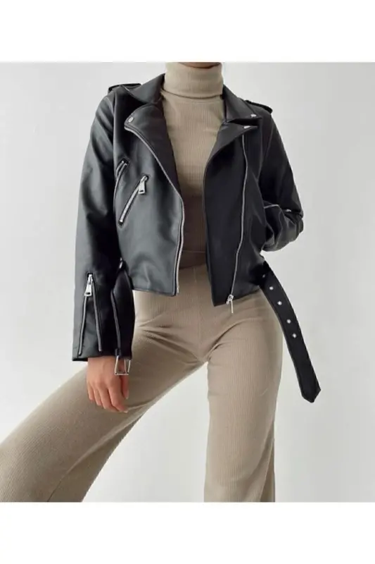 Women's Black Leather Jacket with Zipper Details - 2