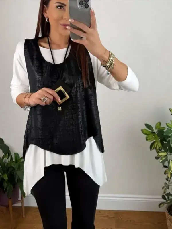 Women's Black Leather Vest Necklace Included Three Piece Set - BÜYÜKBEDENIZ