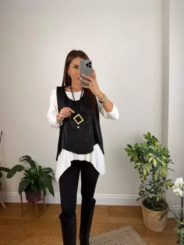 Women's Black Leather Vest Necklace Included Three Piece Set - 2
