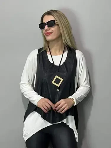 Women's Black Leather Vest Necklace Included Three Piece Set - 4