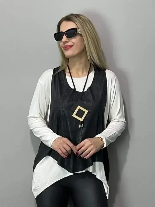 Women's Black Leather Vest Necklace Included Three Piece Set - 4