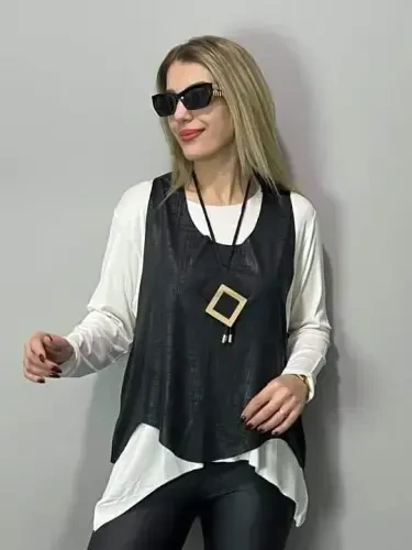 Women's Black Leather Vest Necklace Included Three Piece Set - 8
