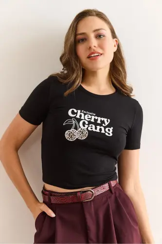 Women's Black Leopard Cherry Detailed Lycra Cotton T-shirt - 3