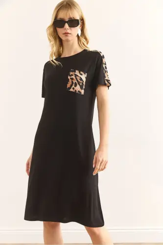 Women's Black Leopard Trim Crew Neck Dress EL - 1
