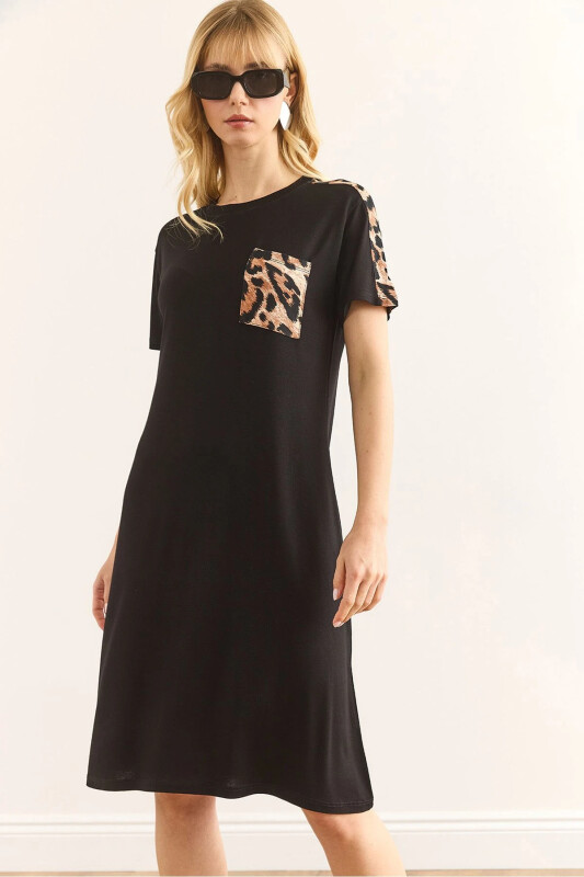 Women's Black Leopard Trim Crew Neck Dress EL - 1