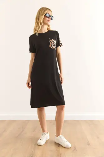 Women's Black Leopard Trim Crew Neck Dress EL - OLALOOK (1)