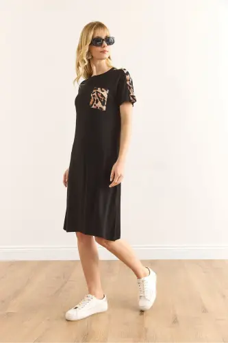 Women's Black Leopard Trim Crew Neck Dress EL - 3