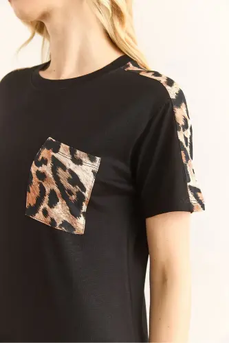 Women's Black Leopard Trim Crew Neck Dress EL - 4