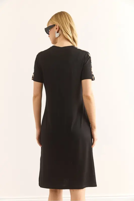 Women's Black Leopard Trim Crew Neck Dress EL - 5