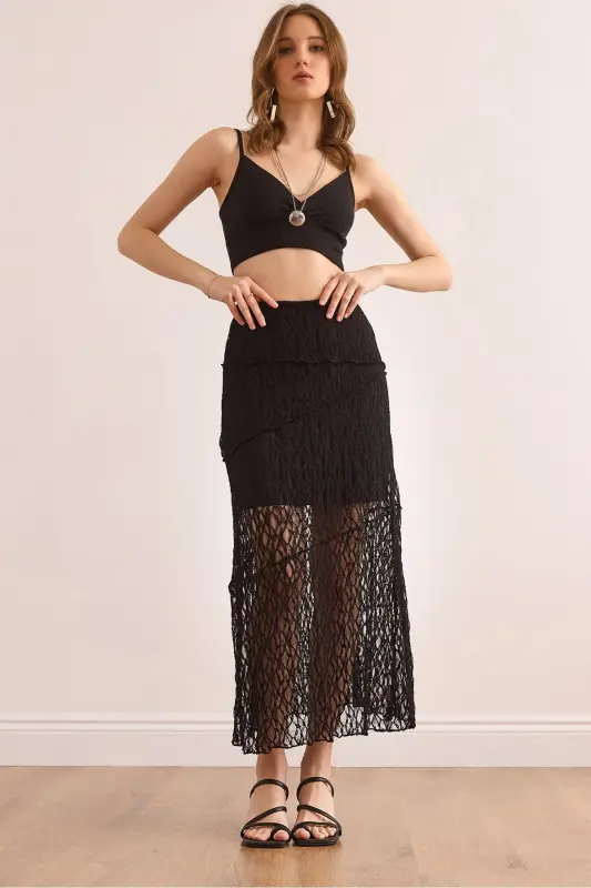 Women's Black Lined Asymmetric Stitched Lace Skirt E - OLALOOK