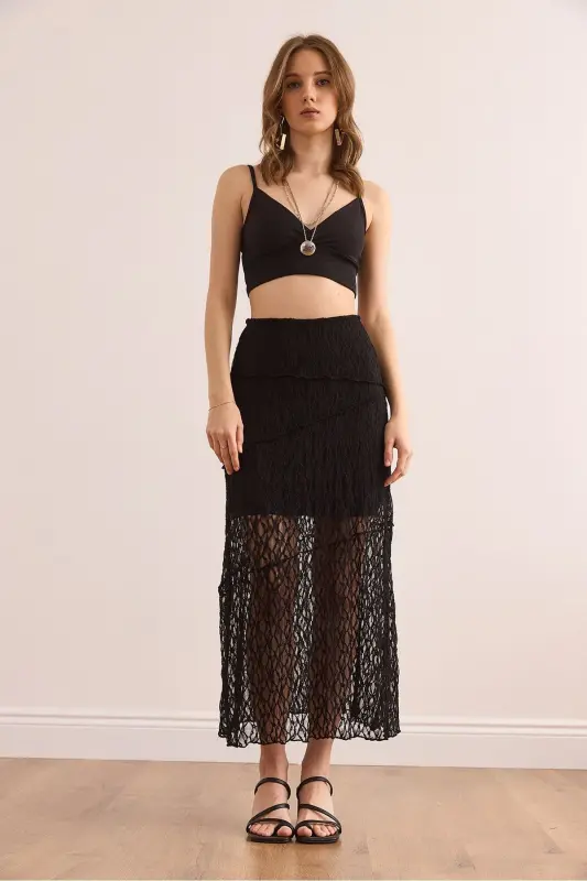 Women's Black Lined Asymmetric Stitched Lace Skirt E - 2