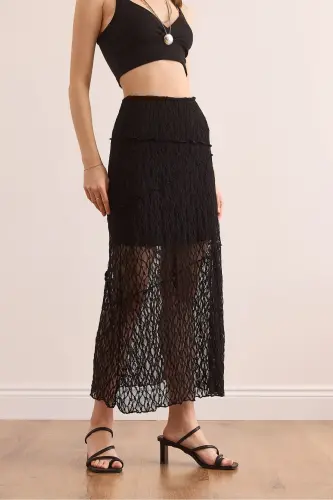Women's Black Lined Asymmetric Stitched Lace Skirt E - 6