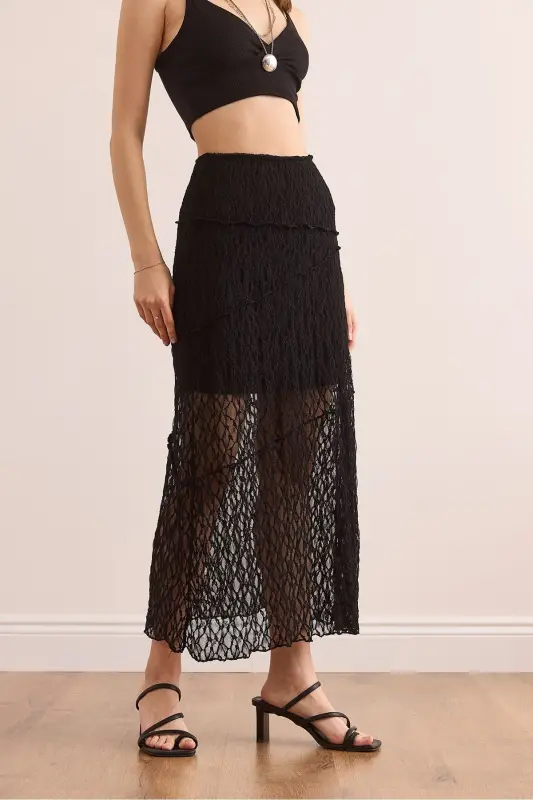 Women's Black Lined Asymmetric Stitched Lace Skirt E - 6