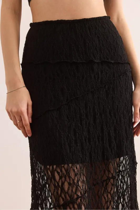 Women's Black Lined Asymmetric Stitched Lace Skirt E - 7