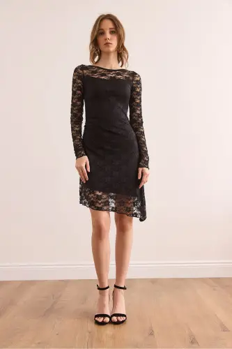 Women's Black Lined Drape Detailed Lace Dress EL - OLALOOK (1)