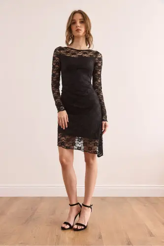 Women's Black Lined Drape Detailed Lace Dress EL - 3