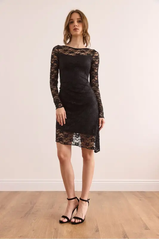 Women's Black Lined Drape Detailed Lace Dress EL - 3