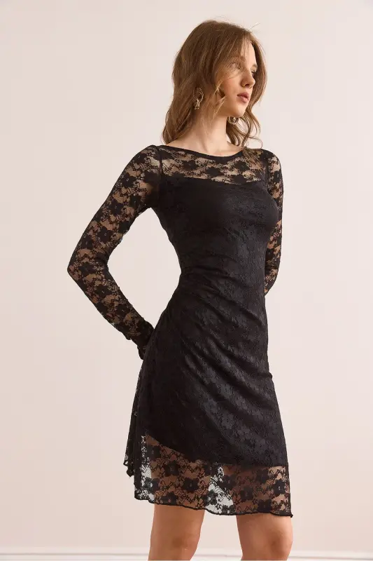 Women's Black Lined Drape Detailed Lace Dress EL - 4