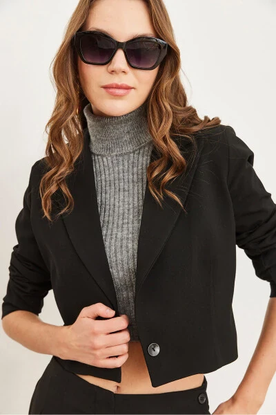 Women's Black Lined Premium Polyviscose Crop Blazer Jacket CKT-19000394 - 4