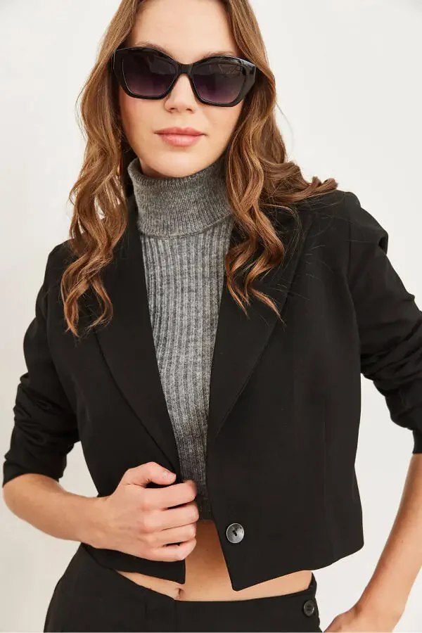 Women's Black Lined Premium Polyviscose Crop Blazer Jacket CKT-19000394 - 4