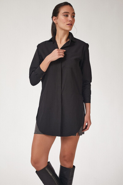 Women's Black Long Boyfriend Poplin Shirt BP00045 - HAPPINESS İSTANBUL