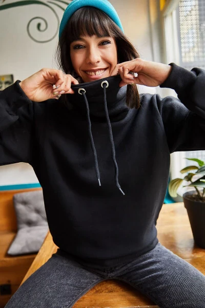 Women's Black Long Neck Soft Textured Thick Sweatshirt SWT-19000189 - 1