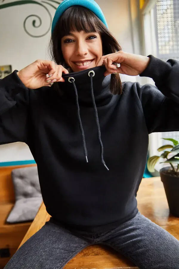 Women's Black Long Neck Soft Textured Thick Sweatshirt SWT-19000189 - 1