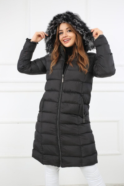 Women's Black Long Puffer Jacket - S&V TEKSTİL