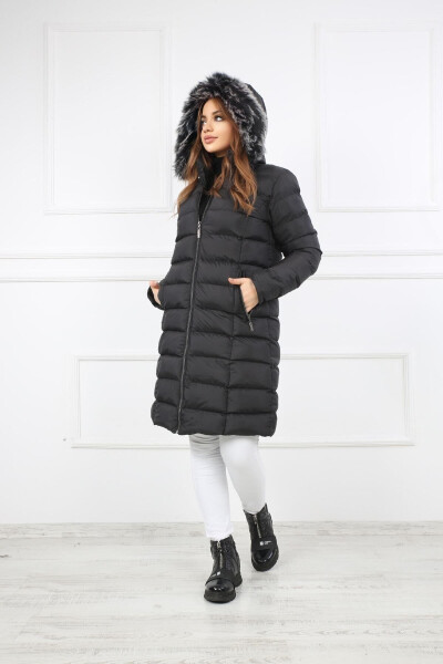 Women's Black Long Puffer Jacket - S&V TEKSTİL (1)