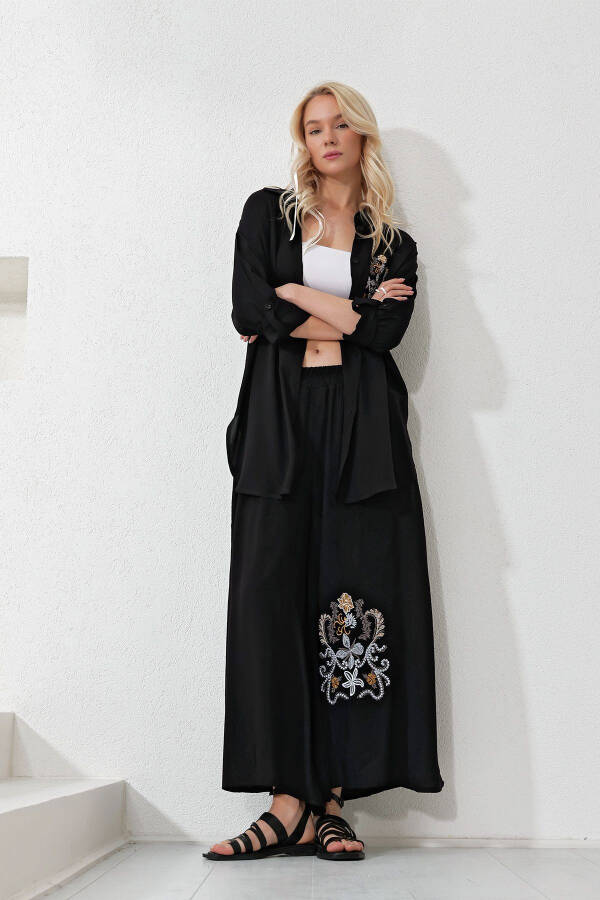 Women's Black Long Shirt and Loose Pants Set with Embroidery on the Back and Front ALC-X11915 - 4