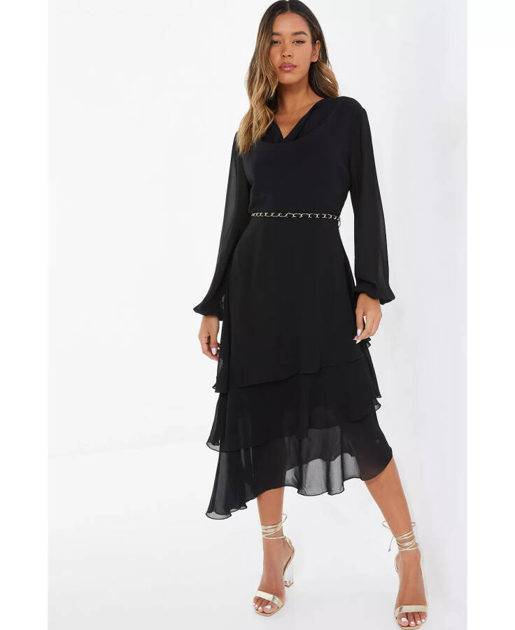 Women's Black Long Sleeve Chain Belt Dress - 1