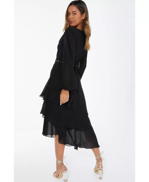 Women's Black Long Sleeve Chain Belt Dress - 2