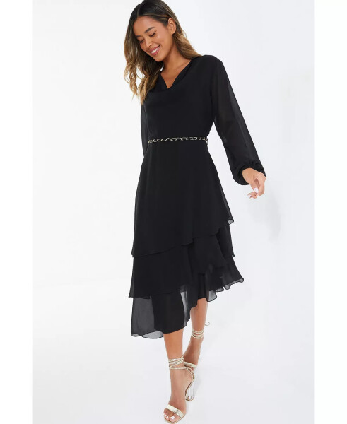 Women's Black Long Sleeve Chain Belt Dress - 3