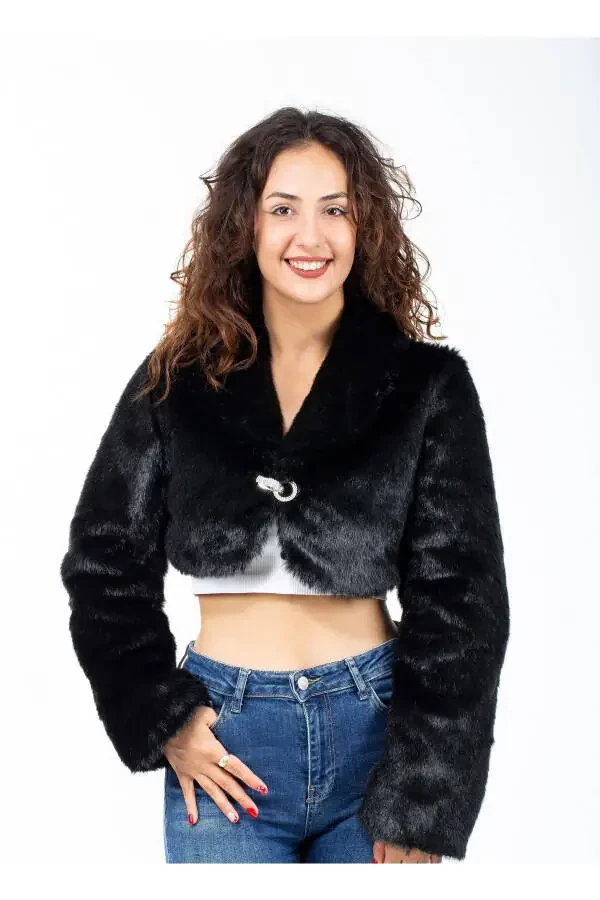 Women's Black Long Sleeve Fur Dress Bridal Bolero - 1