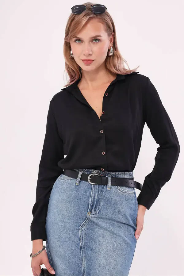 Women's Black Long Sleeve Plain Shirt ARM-18Y001176 - 1