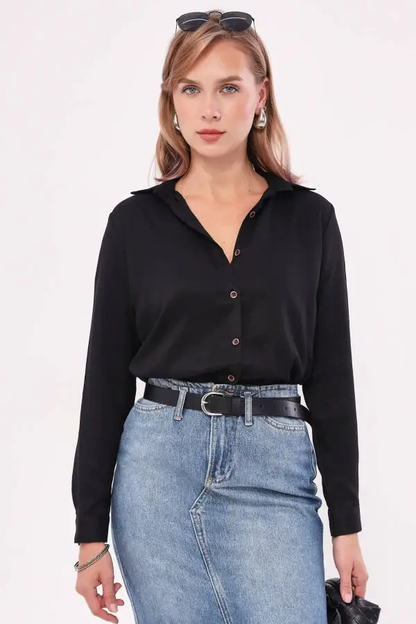 Women's Black Long Sleeve Plain Shirt ARM-18Y001176 - 4