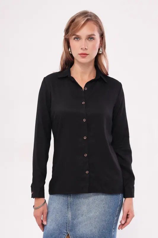Women's Black Long Sleeve Plain Shirt ARM-18Y001176 - 4