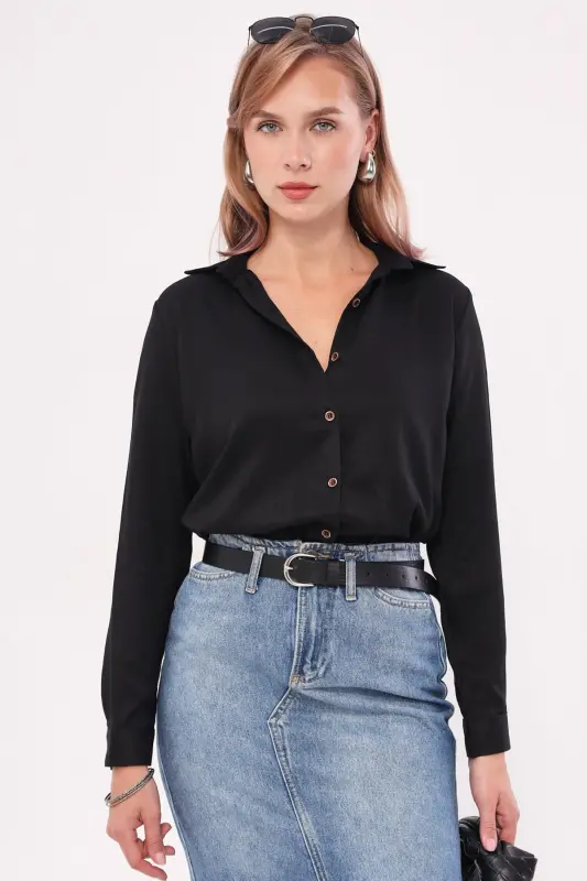 Women's Black Long Sleeve Plain Shirt ARM-18Y001176 - 5