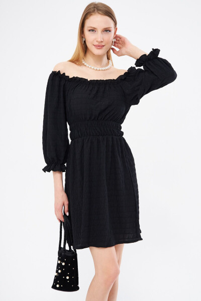 Women's Black Madonna Collar Elastic Waist Wrap Dress - 3