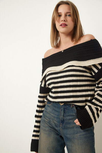 Women's Black Madonna Neck Striped Knitted Sweater MT00150 - 3