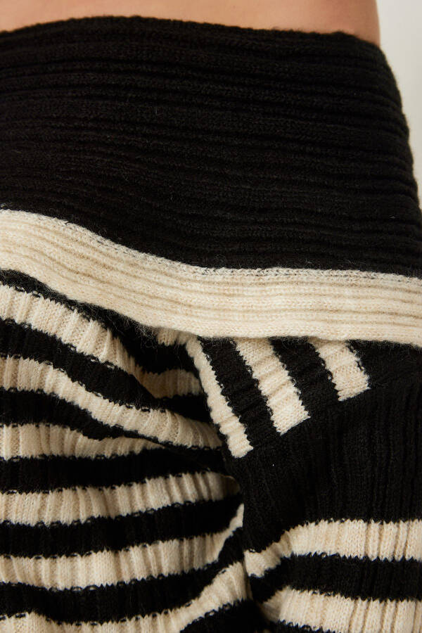 Women's Black Madonna Neck Striped Knitted Sweater MT00150 - 4