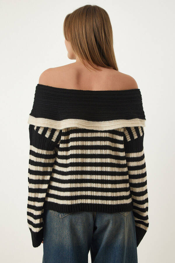 Women's Black Madonna Neck Striped Knitted Sweater MT00150 - 5