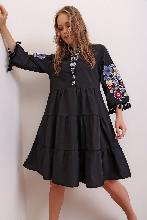 Women's Black Mandarin Collar Embroidered Tassel Detailed Lined Poplin Dress ALC-X6915 - 2