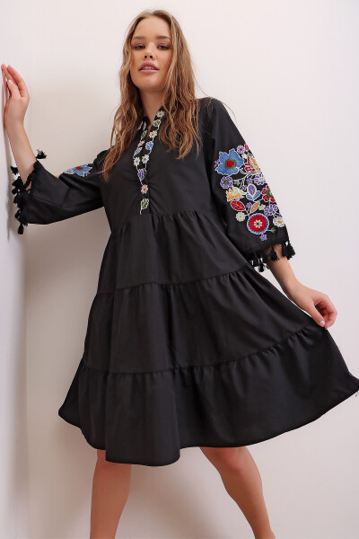 Women's Black Mandarin Collar Embroidered Tassel Detailed Lined Poplin Dress ALC-X6915 - 3