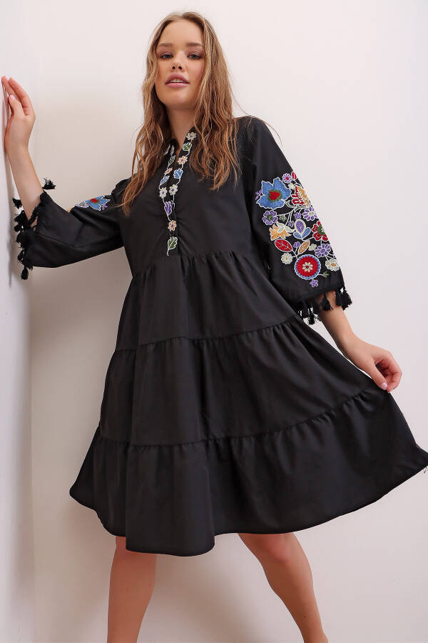 Women's Black Mandarin Collar Embroidered Tassel Detailed Lined Poplin Dress ALC-X6915 - 3