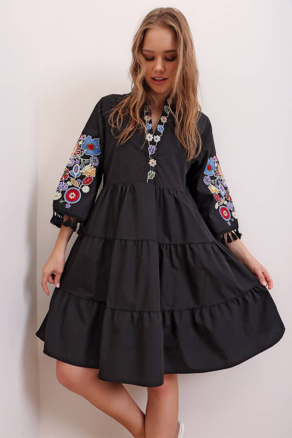 Women's Black Mandarin Collar Embroidered Tassel Detailed Lined Poplin Dress ALC-X6915 - 4