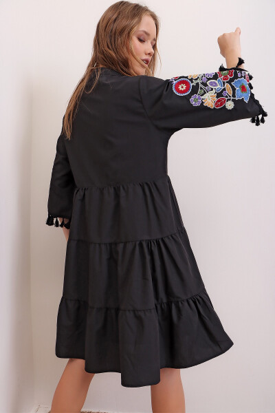 Women's Black Mandarin Collar Embroidered Tassel Detailed Lined Poplin Dress ALC-X6915 - 5