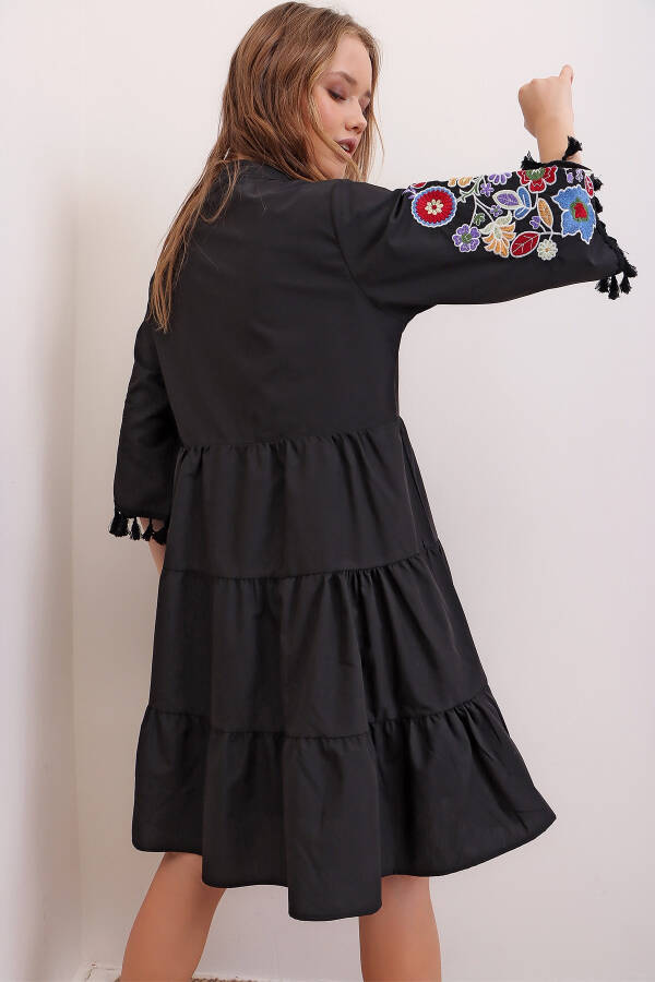 Women's Black Mandarin Collar Embroidered Tassel Detailed Lined Poplin Dress ALC-X6915 - 5